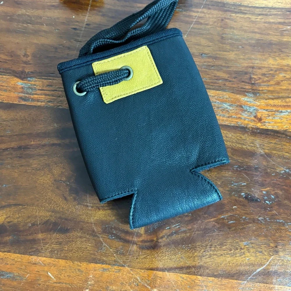 POW Leather Can Koozie Black Yellow Hands-Free Neck Lanyard Drink Holder Utility